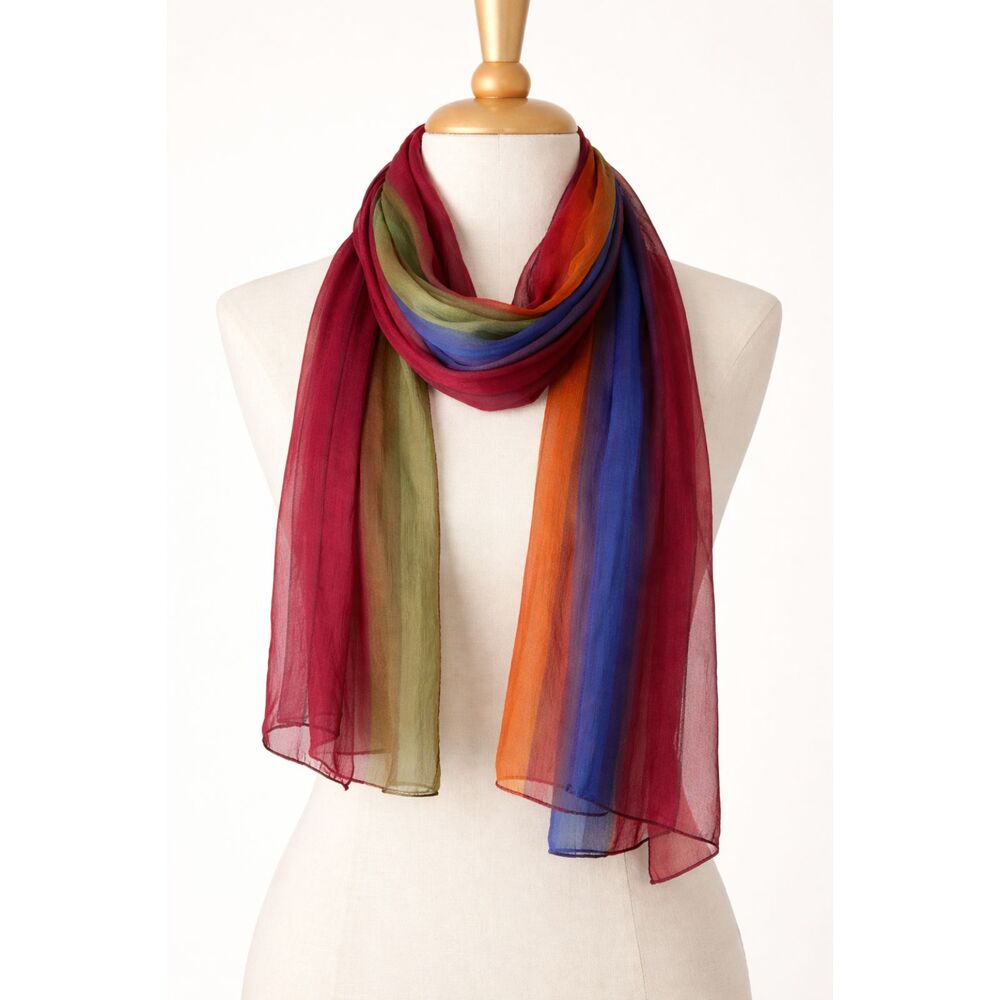 Vintage Pure Silk Scarf Multicolor Striped Handwoven India Boho Sheer Wrap